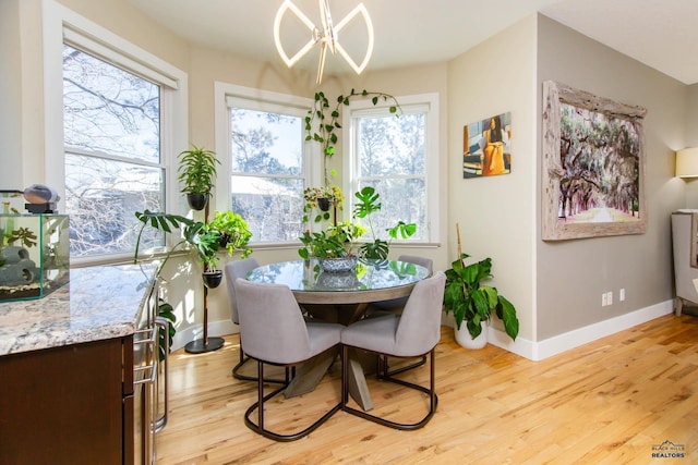 dining space with an inviting chandelier and light wood-type flooring