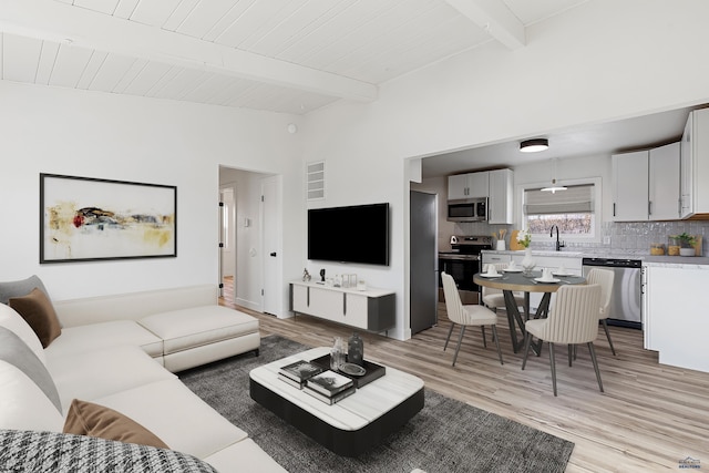 living room with wooden ceiling, sink, lofted ceiling with beams, and light wood-type flooring