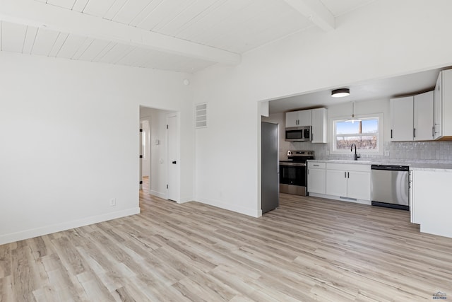 kitchen featuring lofted ceiling with beams, sink, white cabinets, decorative backsplash, and stainless steel appliances