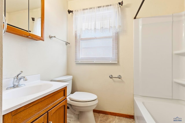 full bathroom featuring toilet, shower / washtub combination, tile patterned floors, and vanity