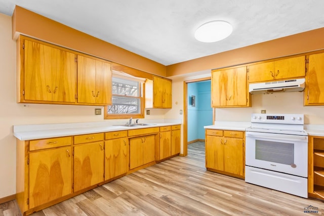 kitchen with light hardwood / wood-style flooring, sink, and white range with electric stovetop