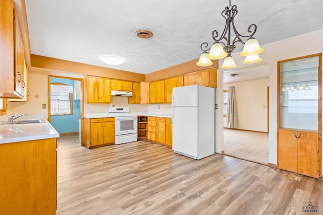 kitchen featuring sink, white appliances, hanging light fixtures, and light hardwood / wood-style floors