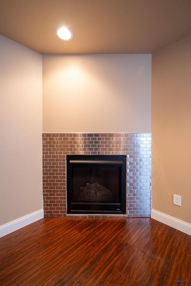 details with a tile fireplace and wood-type flooring