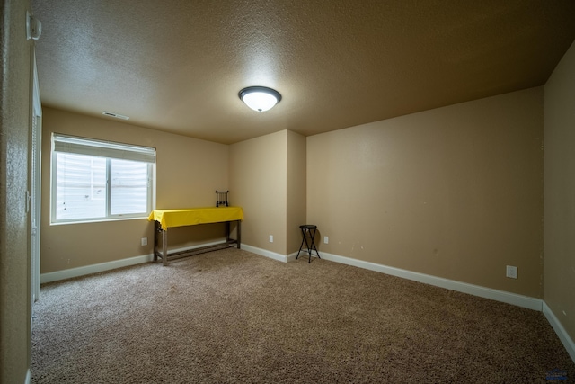 interior space featuring carpet floors and a textured ceiling