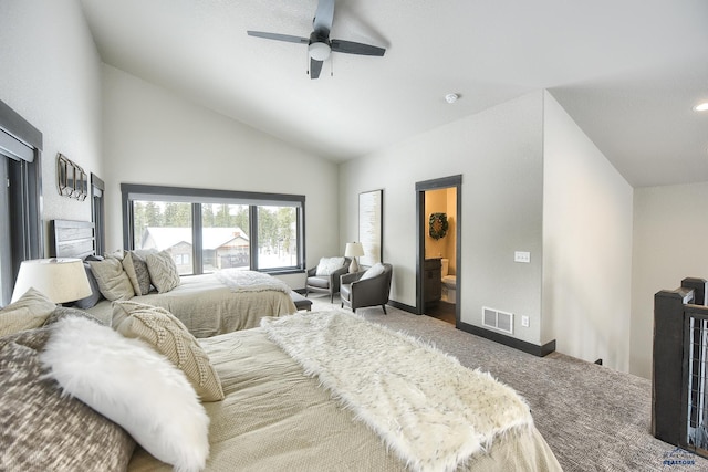 21268 Rubys Way, Lead, SD 57754 - carpeted bedroom with visible vents, ensuite bathroom, a ceiling fan, vaulted ceiling, and baseboards