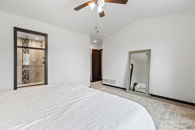 bedroom featuring ceiling fan, light carpet, visible vents, baseboards, and vaulted ceiling