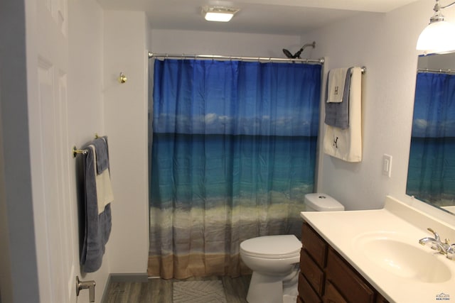 bathroom featuring toilet, wood finished floors, vanity, and a shower with curtain