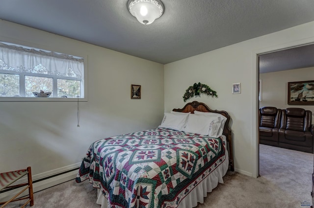 bedroom featuring a baseboard radiator, light colored carpet, a textured ceiling, and baseboards