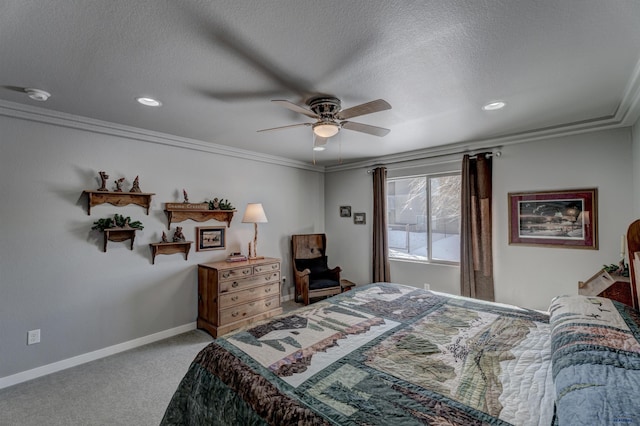 carpeted bedroom with crown molding, recessed lighting, a ceiling fan, a textured ceiling, and baseboards