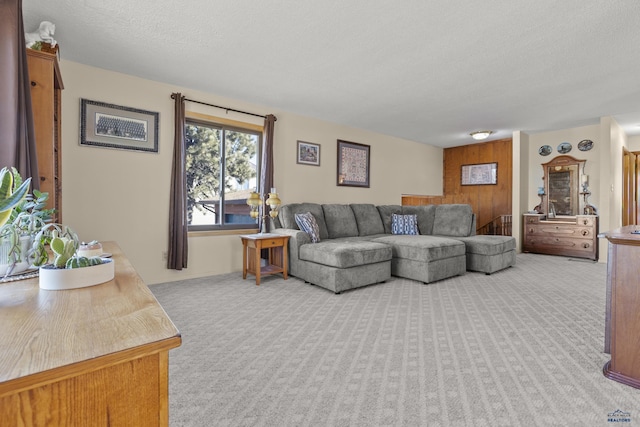 living area featuring a textured ceiling and carpet