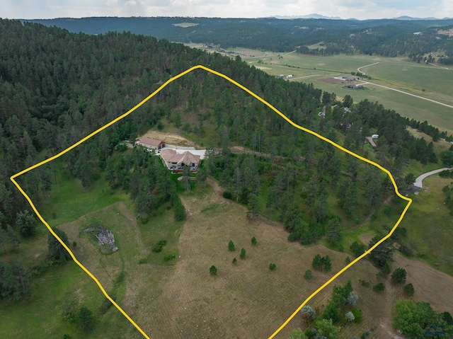 drone / aerial view featuring a view of trees and a rural view