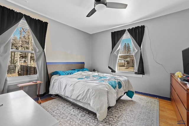 bedroom featuring a ceiling fan and wood finished floors