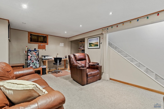 carpeted living area with stairs, recessed lighting, and baseboards