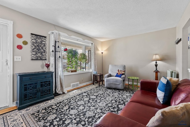 living room featuring a textured ceiling, visible vents, and baseboards