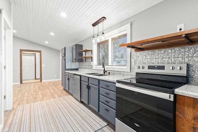 kitchen with open shelves, decorative backsplash, gray cabinetry, appliances with stainless steel finishes, and a sink