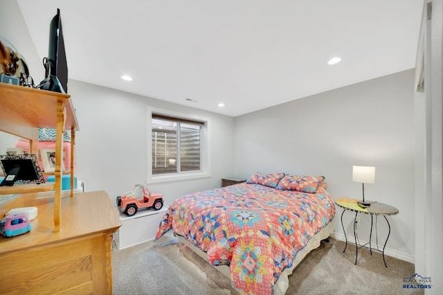 bedroom featuring baseboards, carpet floors, and recessed lighting