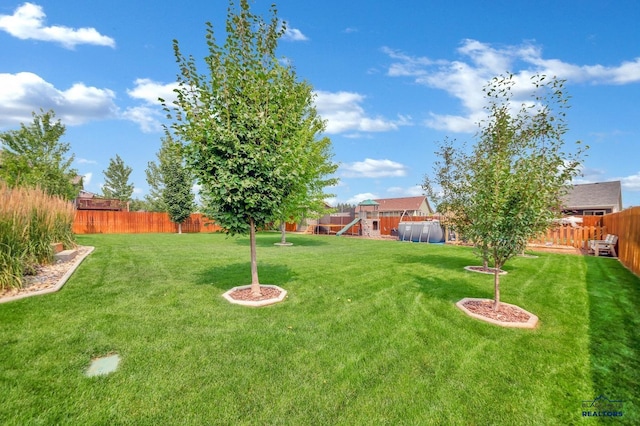 view of yard featuring a playground and a fenced backyard