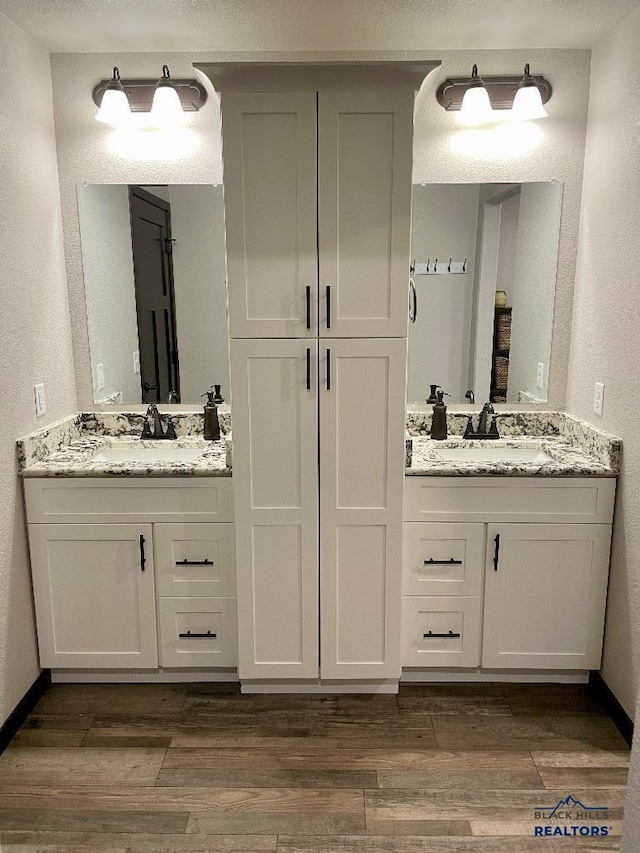 bathroom with wood finished floors, two vanities, and a sink