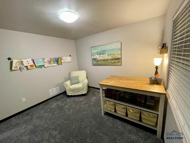 sitting room with baseboards, a textured ceiling, visible vents, and carpet flooring