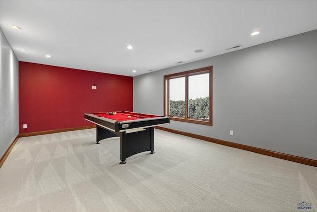 playroom featuring recessed lighting, light colored carpet, and baseboards