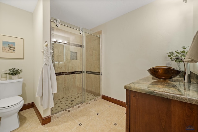 full bathroom with vanity, a shower stall, toilet, and tile patterned floors