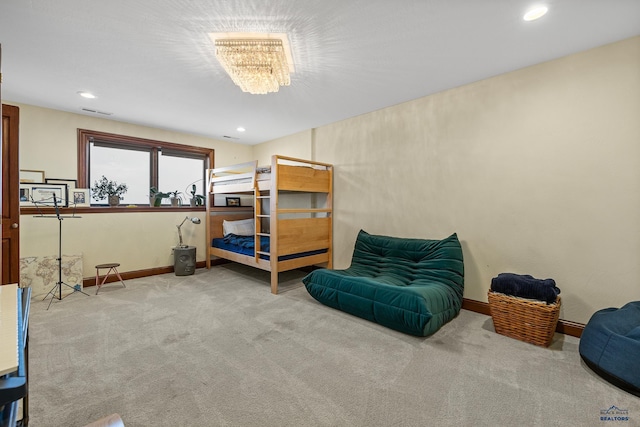 bedroom featuring carpet, baseboards, and recessed lighting