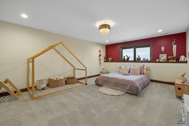 carpeted bedroom with baseboards and recessed lighting