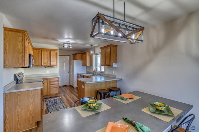 kitchen featuring a peninsula, a sink, light countertops, appliances with stainless steel finishes, and light wood finished floors