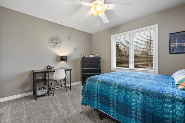 bedroom featuring carpet, ceiling fan, and baseboards