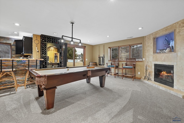 recreation room with recessed lighting, pool table, carpet, and a tile fireplace