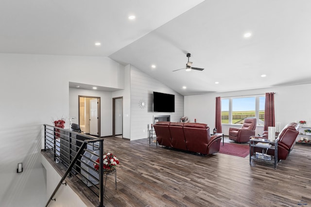 14113 Treasure Coach Rd, Piedmont, SD 57769 - living room featuring vaulted ceiling, recessed lighting, dark wood finished floors, a large fireplace, and a ceiling fan