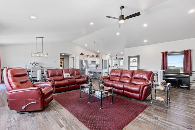 14113 Treasure Coach Rd, Piedmont, SD 57769 - living room featuring lofted ceiling, wood finished floors, recessed lighting, and a ceiling fan