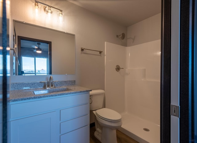 bathroom with a shower, vanity, and toilet