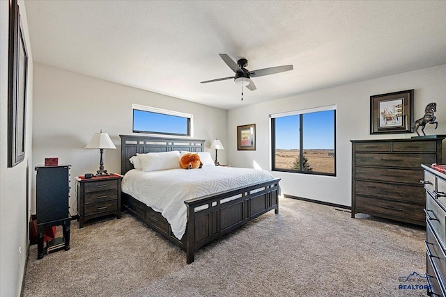 bedroom featuring a ceiling fan, multiple windows, light carpet, and a textured ceiling