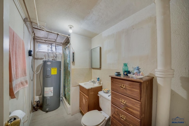 full bathroom with toilet, electric water heater, vanity, ornate columns, and a shower stall