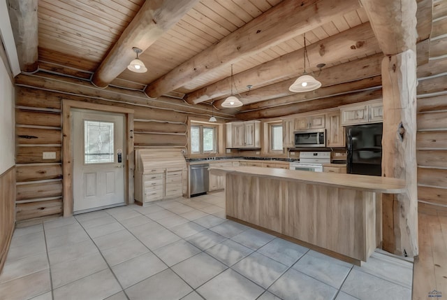 kitchen with light countertops, beam ceiling, light tile patterned floors, wooden ceiling, and stainless steel appliances