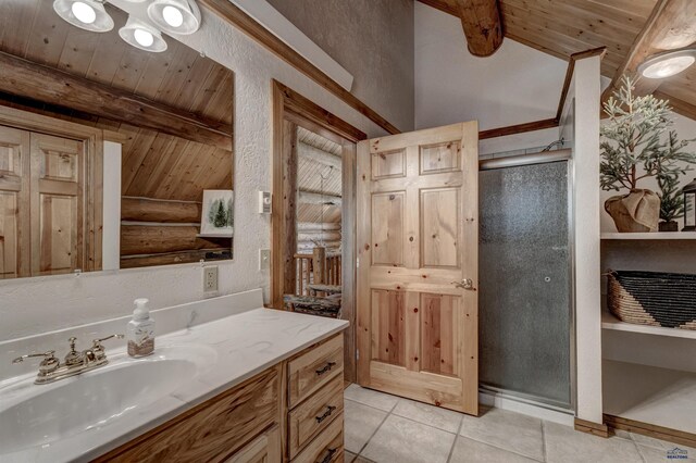 bathroom with tile patterned floors, a stall shower, rustic walls, wood ceiling, and vanity