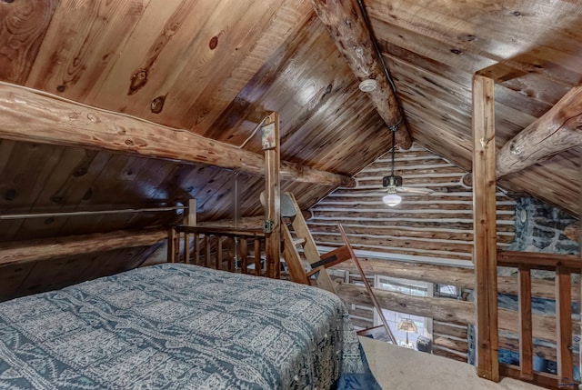 bedroom with vaulted ceiling with beams, wood ceiling, and rustic walls