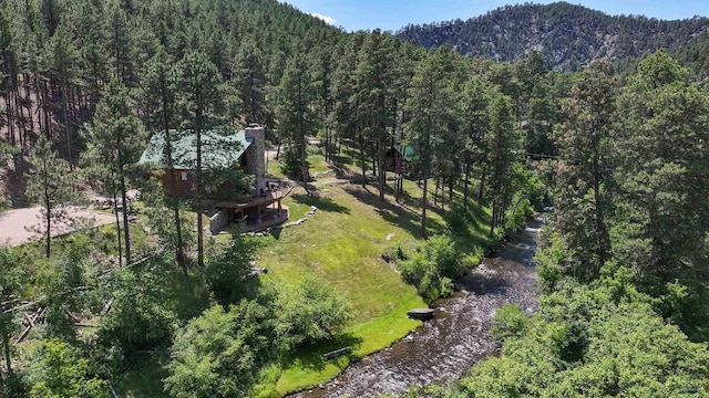 drone / aerial view featuring a mountain view and a wooded view