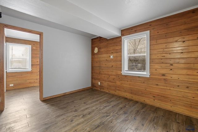 empty room featuring baseboards, plenty of natural light, wood finished floors, and wood walls