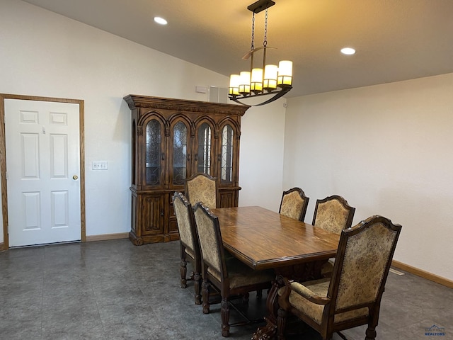 dining space featuring recessed lighting, baseboards, and a chandelier