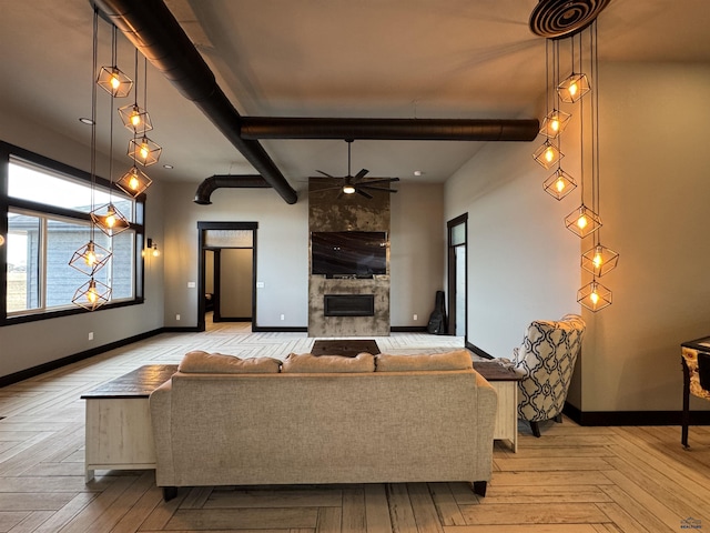 unfurnished living room with visible vents, baseboards, beam ceiling, ceiling fan, and a tiled fireplace