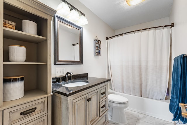 bathroom with toilet, vanity, marble finish floor, a textured ceiling, and shower / bathtub combination with curtain