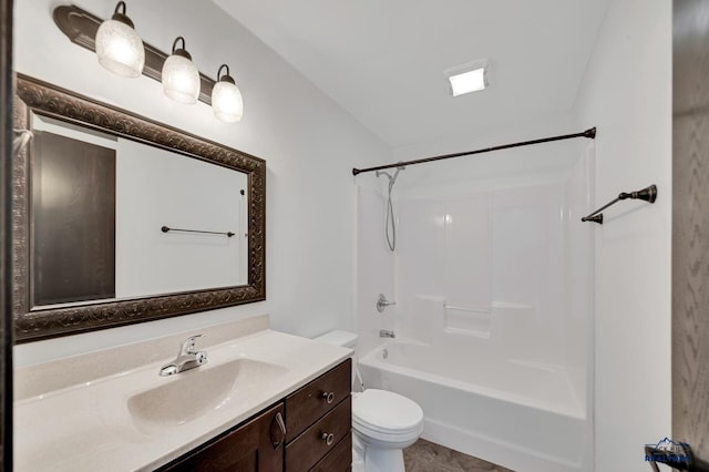 full bath featuring shower / bathtub combination, toilet, and vanity