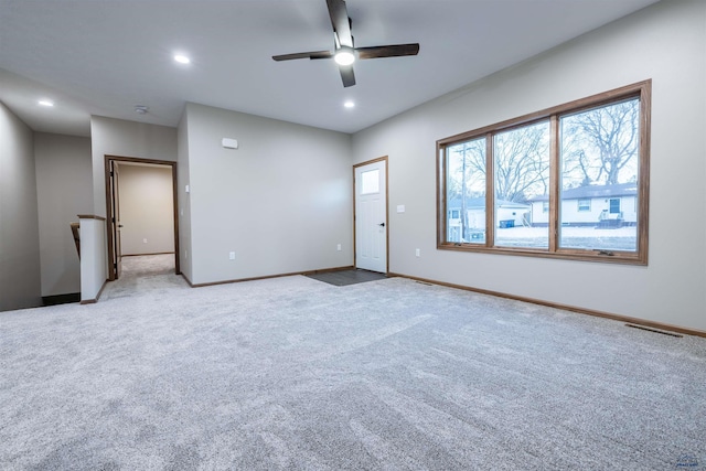 unfurnished bedroom with recessed lighting, visible vents, baseboards, and carpet flooring