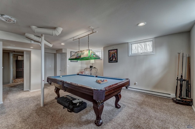 game room featuring billiards, recessed lighting, carpet, baseboards, and baseboard heating