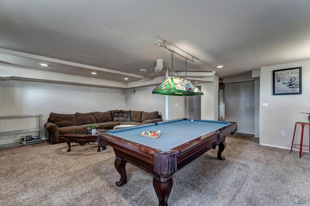 rec room with billiards, carpet flooring, recessed lighting, and baseboards