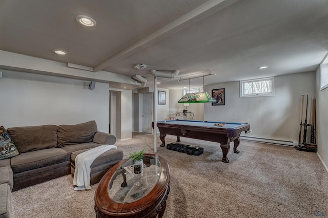 recreation room featuring carpet, beam ceiling, recessed lighting, pool table, and a baseboard heating unit