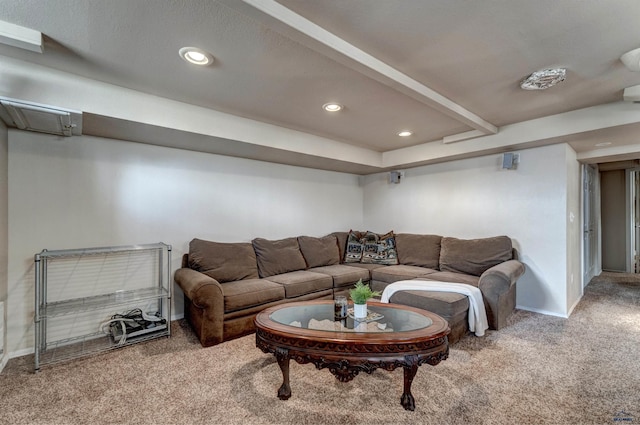 living area with recessed lighting, baseboards, and carpet