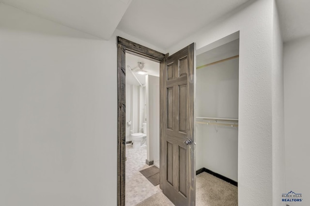 hall featuring carpet and baseboards